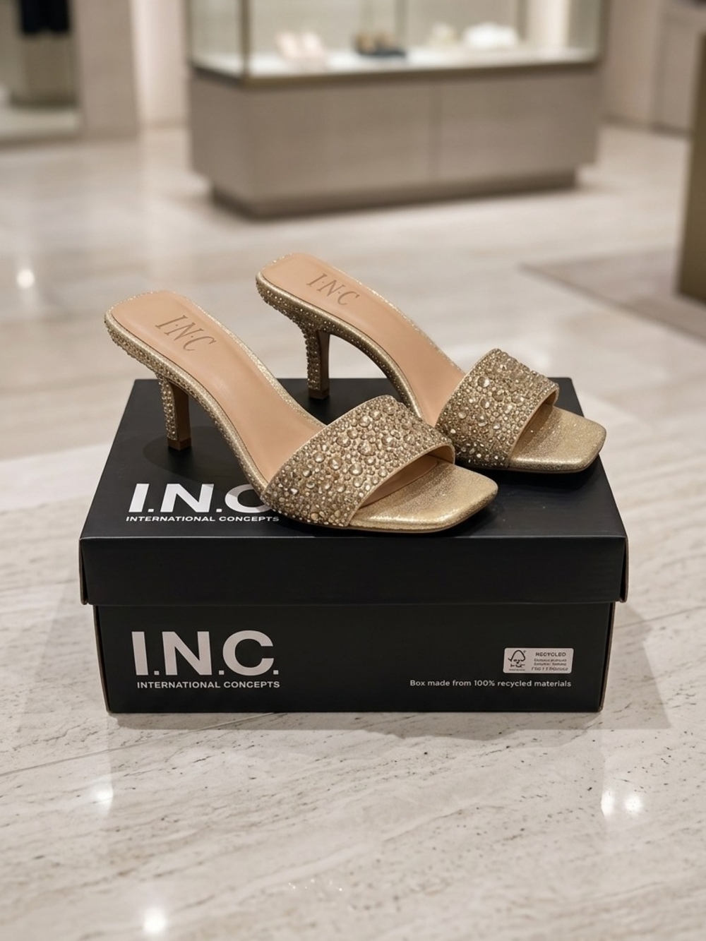 INC International Concepts Gold Crystal Embellished Slide Heels